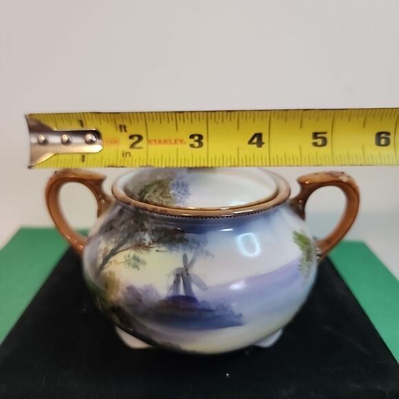 VTG Morimura Noritake Moriage Sugar Bowl Windmill Trees Water Blue White Lid - Picture 12 of 12